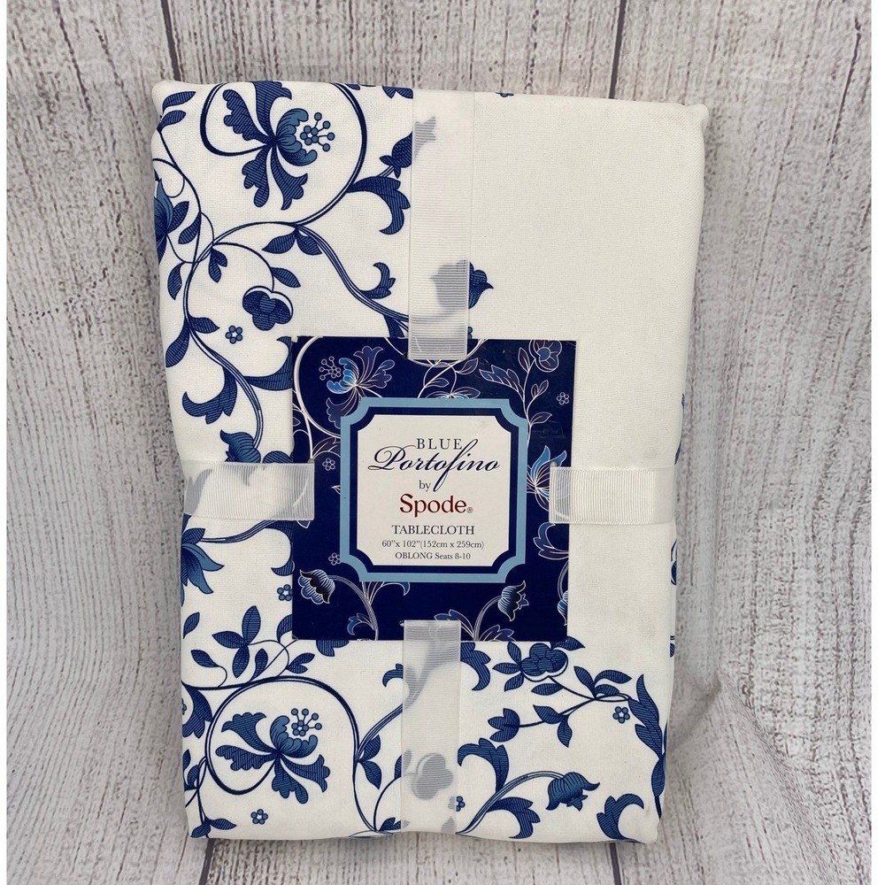 Spode Blue Portofino Tablecloth 60x102 Oblong Blue White Floral French Country